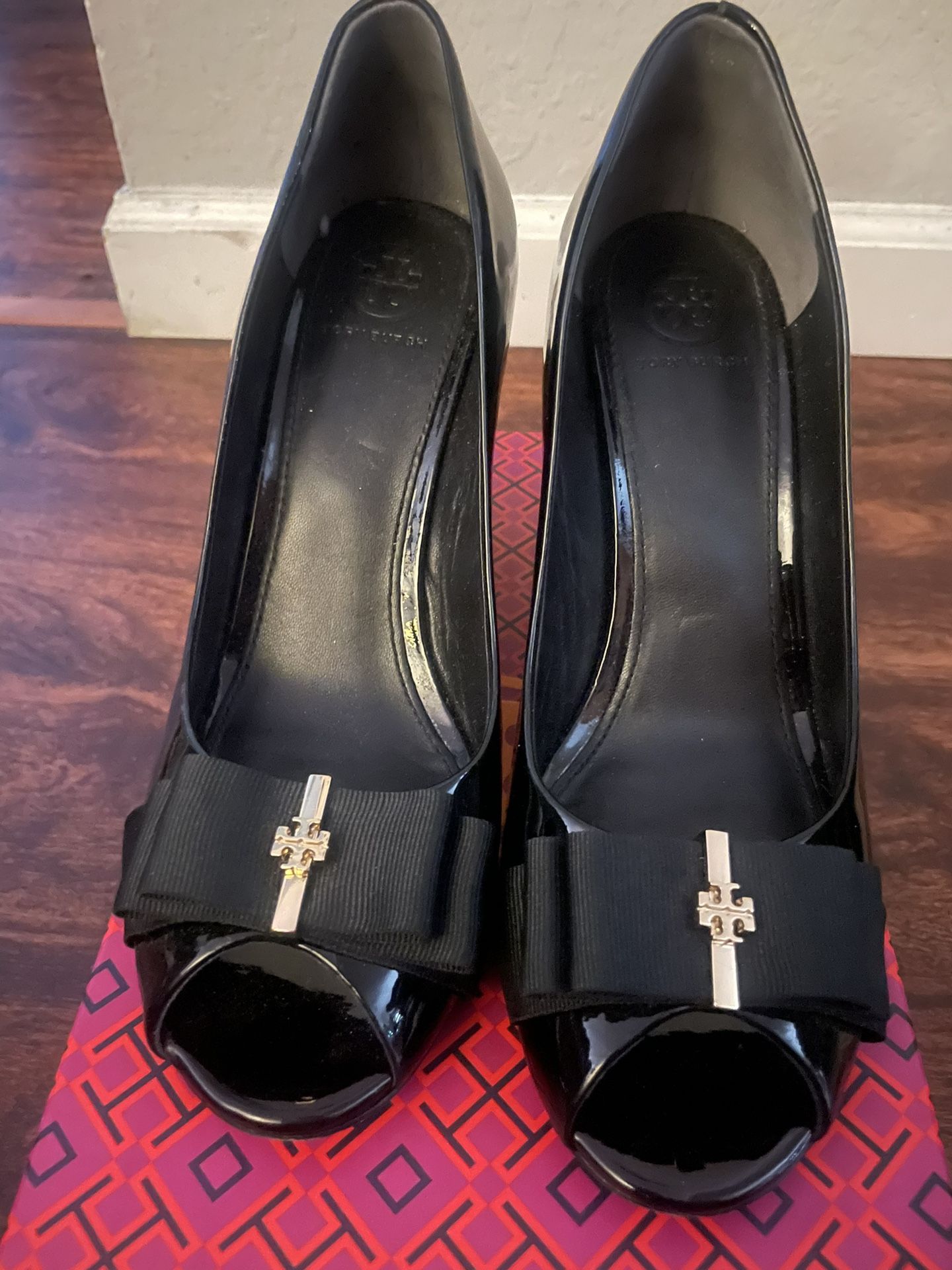 Tory Burch Black Trudy Open Toe Wedge Heels