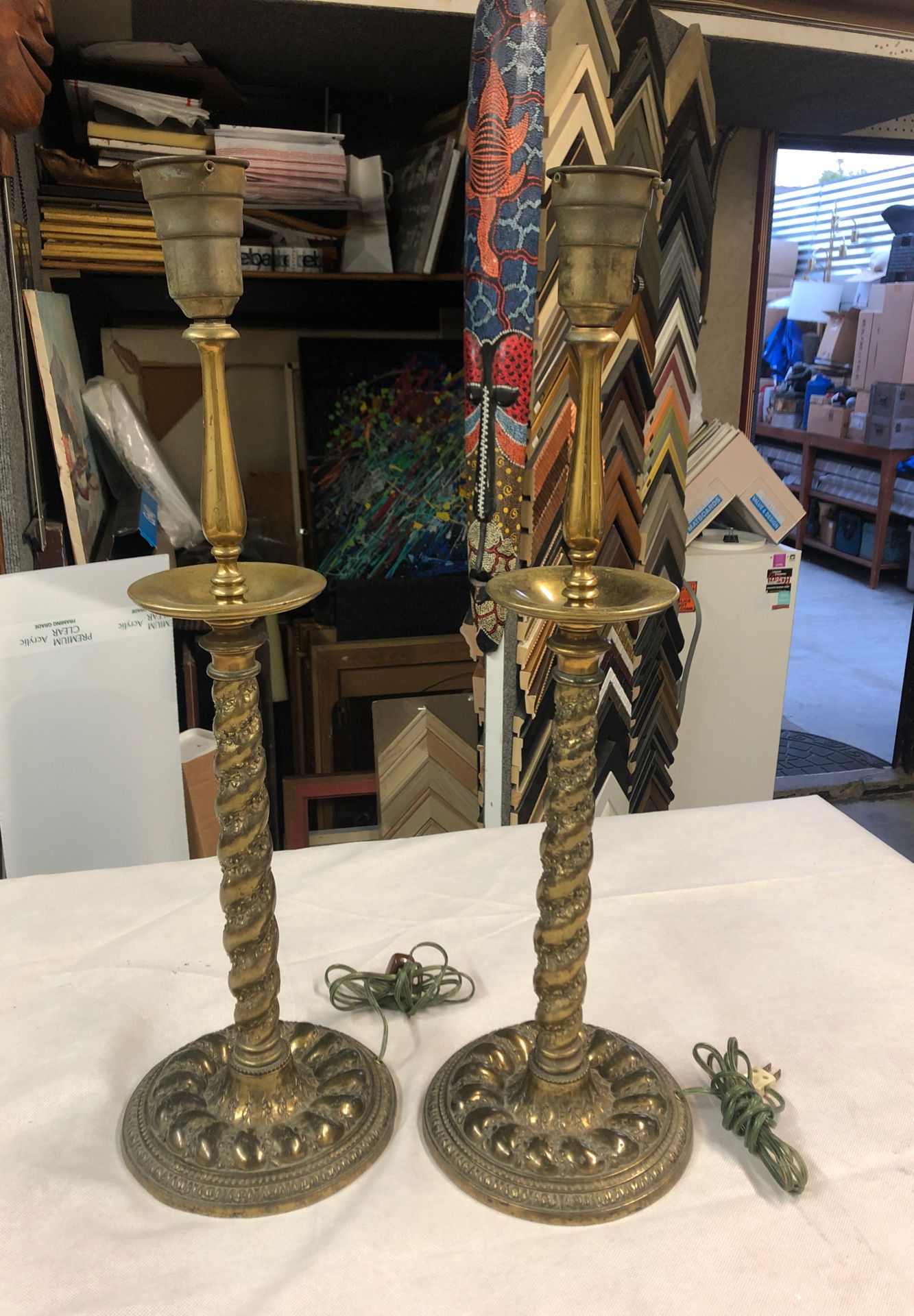 Antique pair of brass table lamps 27” tall