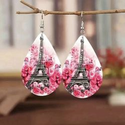💓 New! Wooden Eiffel Tower Paris Pink Flower Teardrop Earrings