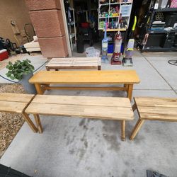 Wood Benches. Long Beige Bench $40, Brown Bench Or Coffee Table With Line Openings $40. Other 3 Bench Set $75
