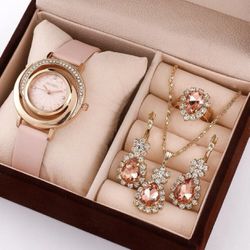 Elegant 4 PCs Quartz Watch & Jewelry Set For Women 