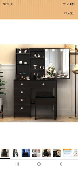 Small Vanity Desk with Mirror and Lights, 32" Makeup Vanity Table with Sliding Mirror, Drawers and Chair, Hollywood Black Vanity with 3 Modes Stick-ON
