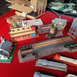 Vintage Train Engines ,Cars And Buildings 