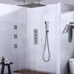 20" Modern Rain Standard Brushed Nickel Shower System with Hand Shower & Body Jets Solid Brass