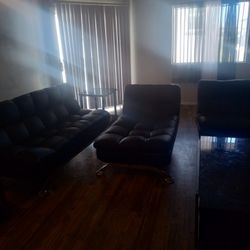 3 Pc Leather Futon Set Black Grey And Black Grey Tables Set