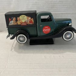 Vintage Coca Cola Die Cast Red V8 Roadster Model With Stand Also A Coca Cola Green Pickup Truck Sold As A Pair Located In Palm Springs CA 