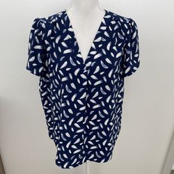 HILARY RADLEY Blue Brush Stroke Print Blouse Top Short Sleeve V-Neck, L