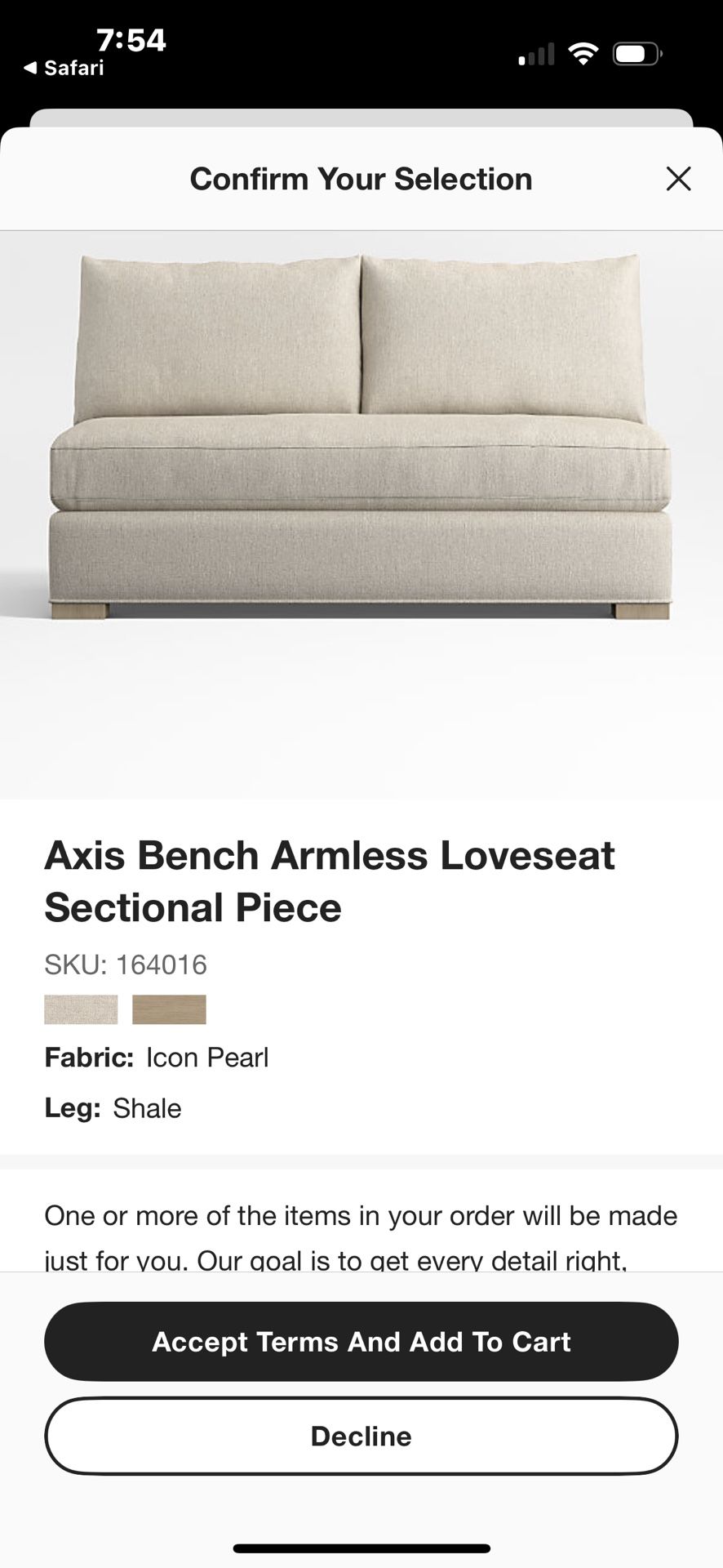 Crate & Barrel Armless Loveseat New