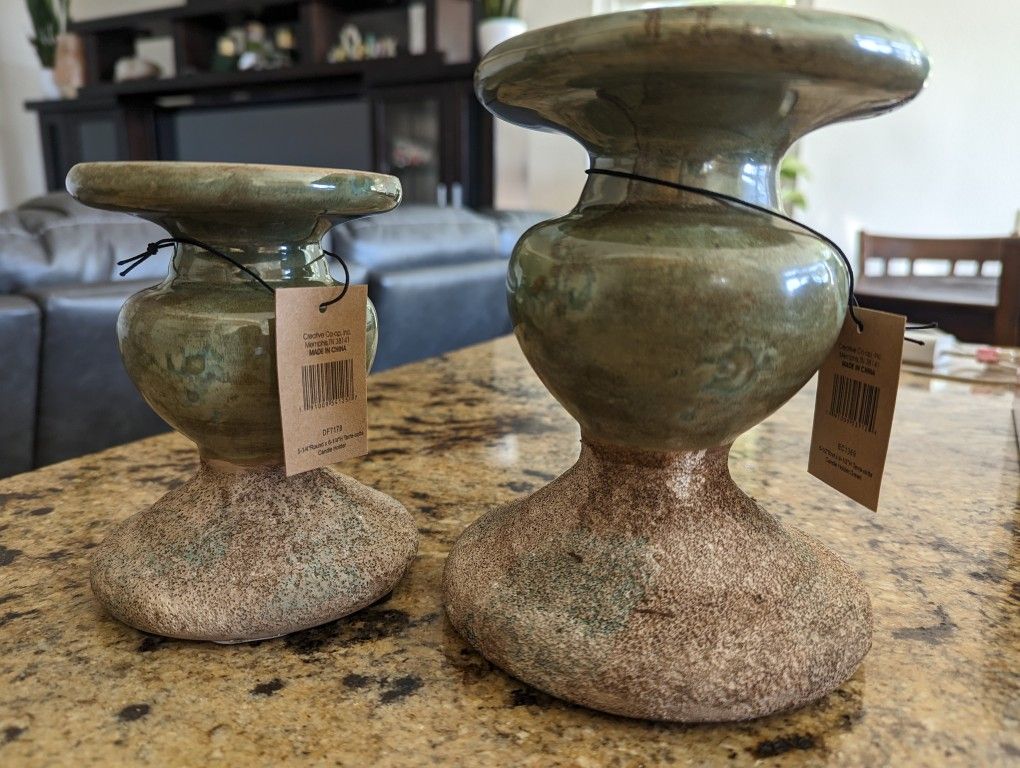 NEW - Set of 2 Rustic Terracotta Distressed Green Pillar Candle Holders