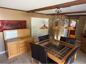 Solid Oak Wood & glass dining with 8 leather chairs and matching oak buffet