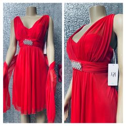 elegant hot pink party dress with soft fall and silver brooch adornment includes scarf as seen in the photo brand new with tag