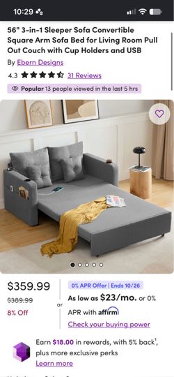 56" 3-in-1 Sleeper Sofa / Convertible Pull-Out Sofa Bed with Cup Holders