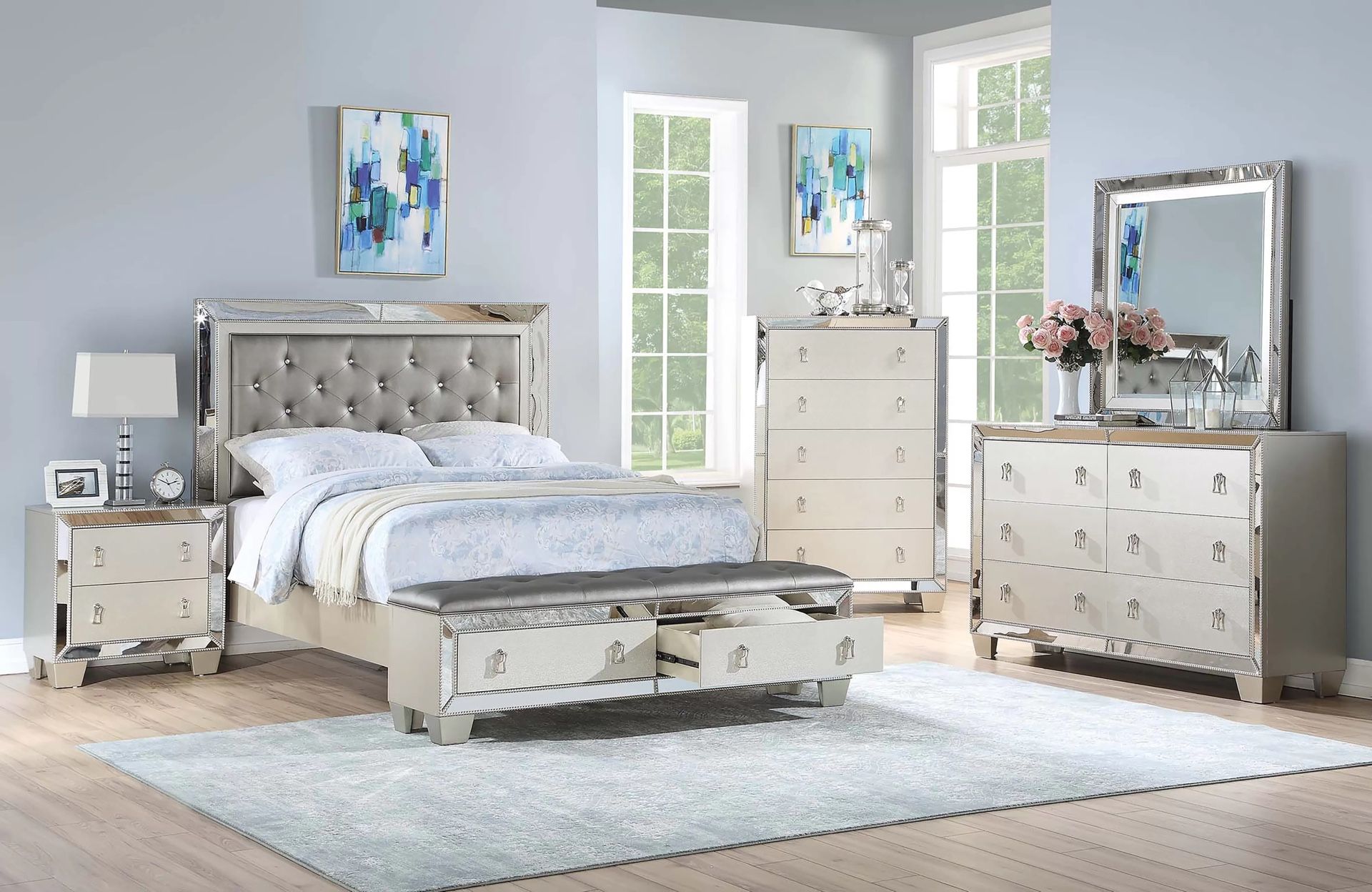 Queen Bed Frame With Mirror Accents