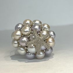 Sterling Silver Multi Pearl Cluster With Star Fish Fashion Ring