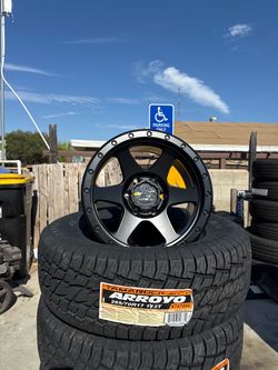 NEW RIMS AMERICAN OUTLOW STYLE 131 SATIN BLACK W B RIVERTS 17X8.50 6X139 OFFSET -10'MM ➖ 265/70/17 ARROYO AT (4) NEW TIRES INSTALLATION AND BALANCE