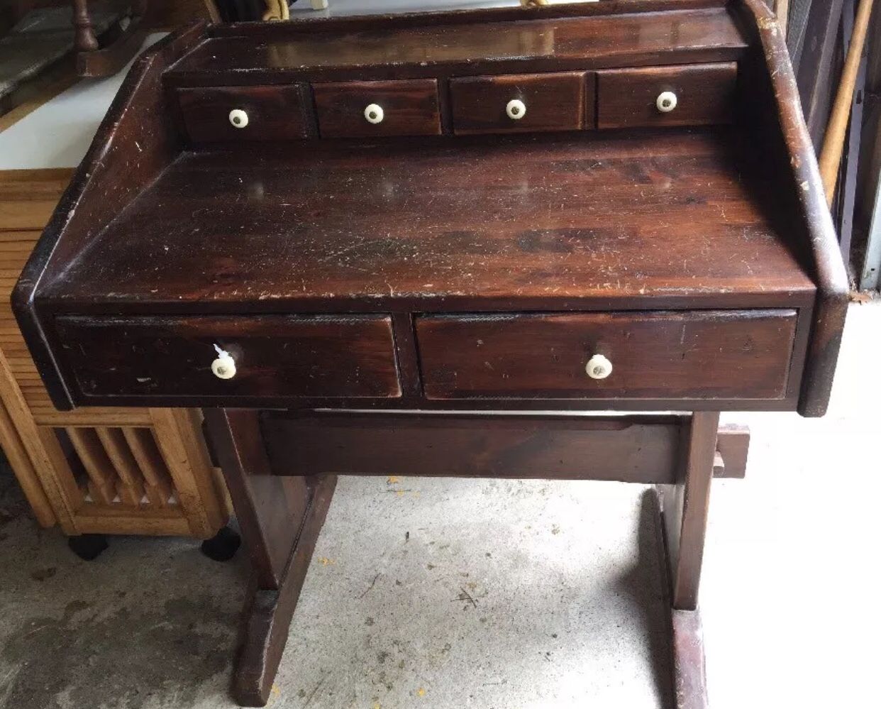 Vintage Ethan Allen Dark Wood Trestle Desk 32"L x 24"D x 35"H Needs Refinishing solid and sturdy, but needs to be refinished or painted