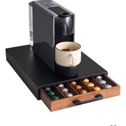 Coffee Pod Holder Compatible with Nespresso OriginalLine Capsules – 50-Pod Acacia Wood Organizer Drawer with Smooth-Glide & Anti-Slip Base – Space-Sav