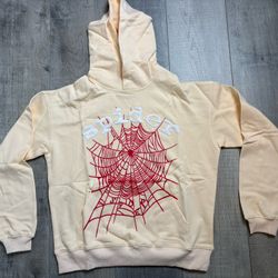Sp5der Beige Hoodie Red Spider Web Graphic White Logo NWT Size S