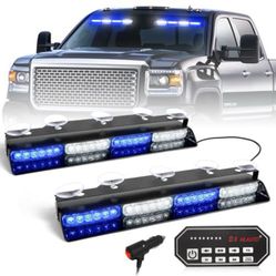 “New”(2)Emergency Strobe Light Bars(2” X 17”)Blue/White (for interior Front And Back Windshields)plug In/control Switch 