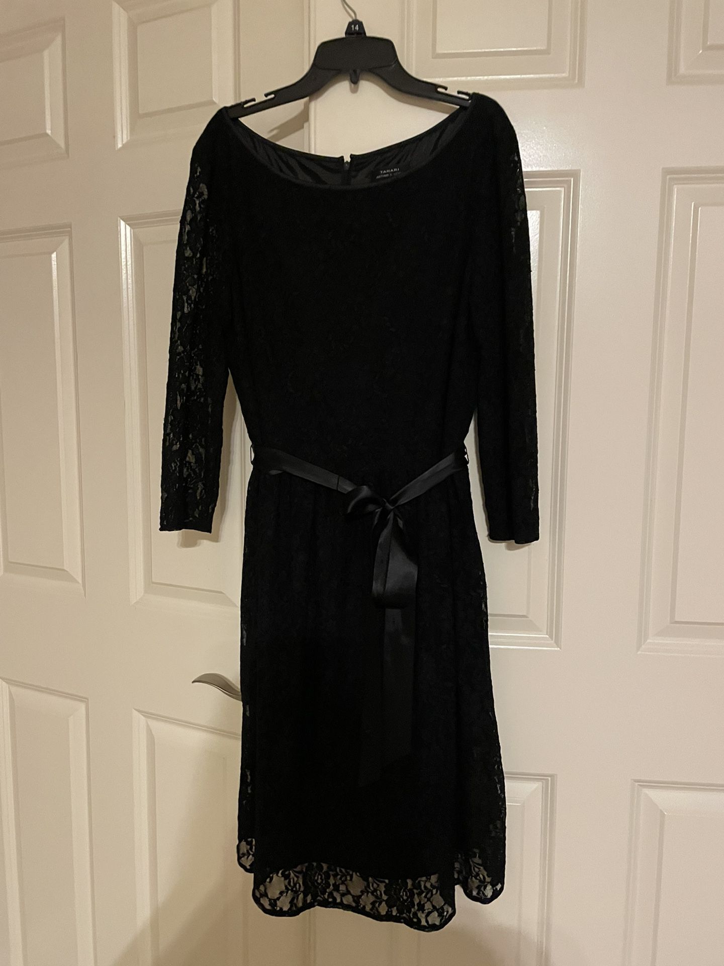 Tahari  Black Lace Dress Sz 14 with satin belt 