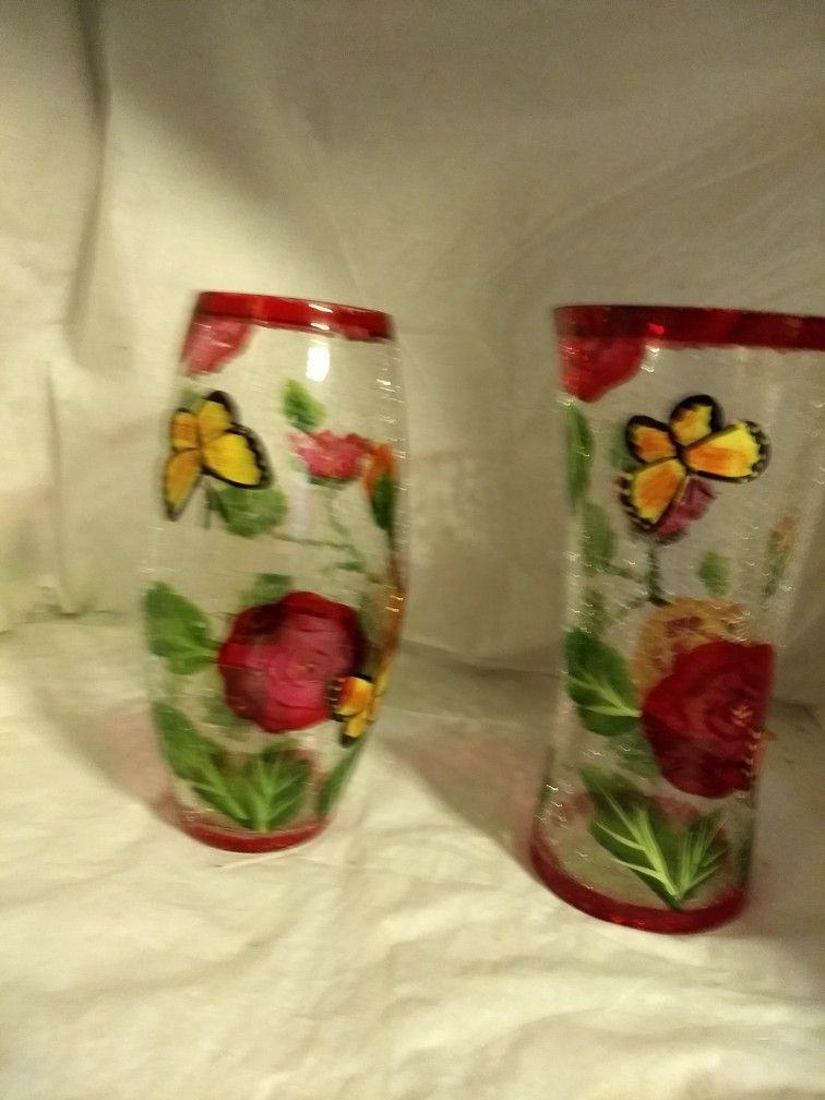 Set Of 2 Hand Painted Vases