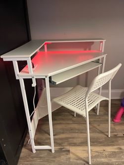 White Desk with LED Lights with chair