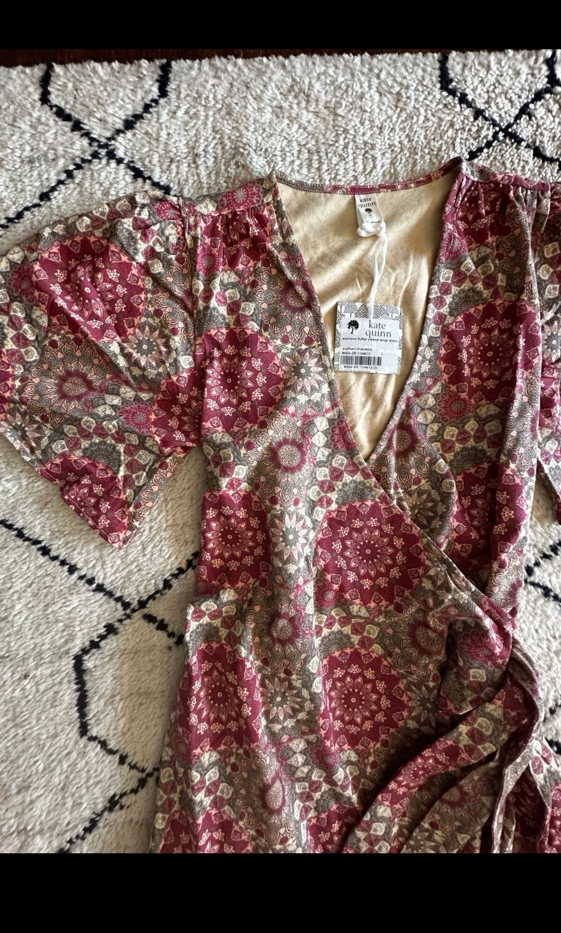 WOMENS FLUTTER SLEEVE WRAP DRESS | EARTHEN MANDALA | ORGANIC COTTON JERSEY