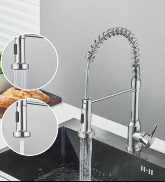 Spring Faucet for Kitchen Sink. Pull-Out Spout. Hot and Cold Water Mixing, Dual Spout. black and Brushed Nickel Available