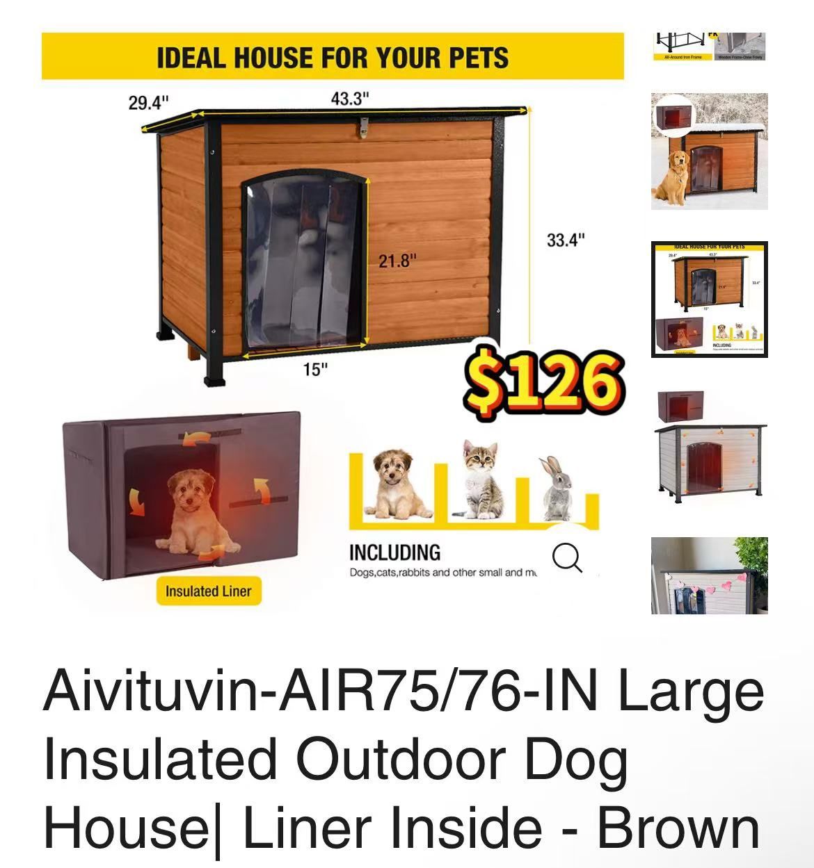 😀 Aivituvin AIR76 Dog House Outdoor & Indoor Dog Kennel with Insulated Liner for Winter Waterproof Large Dog Cage for Small & Medium & Large Dogs,Uni