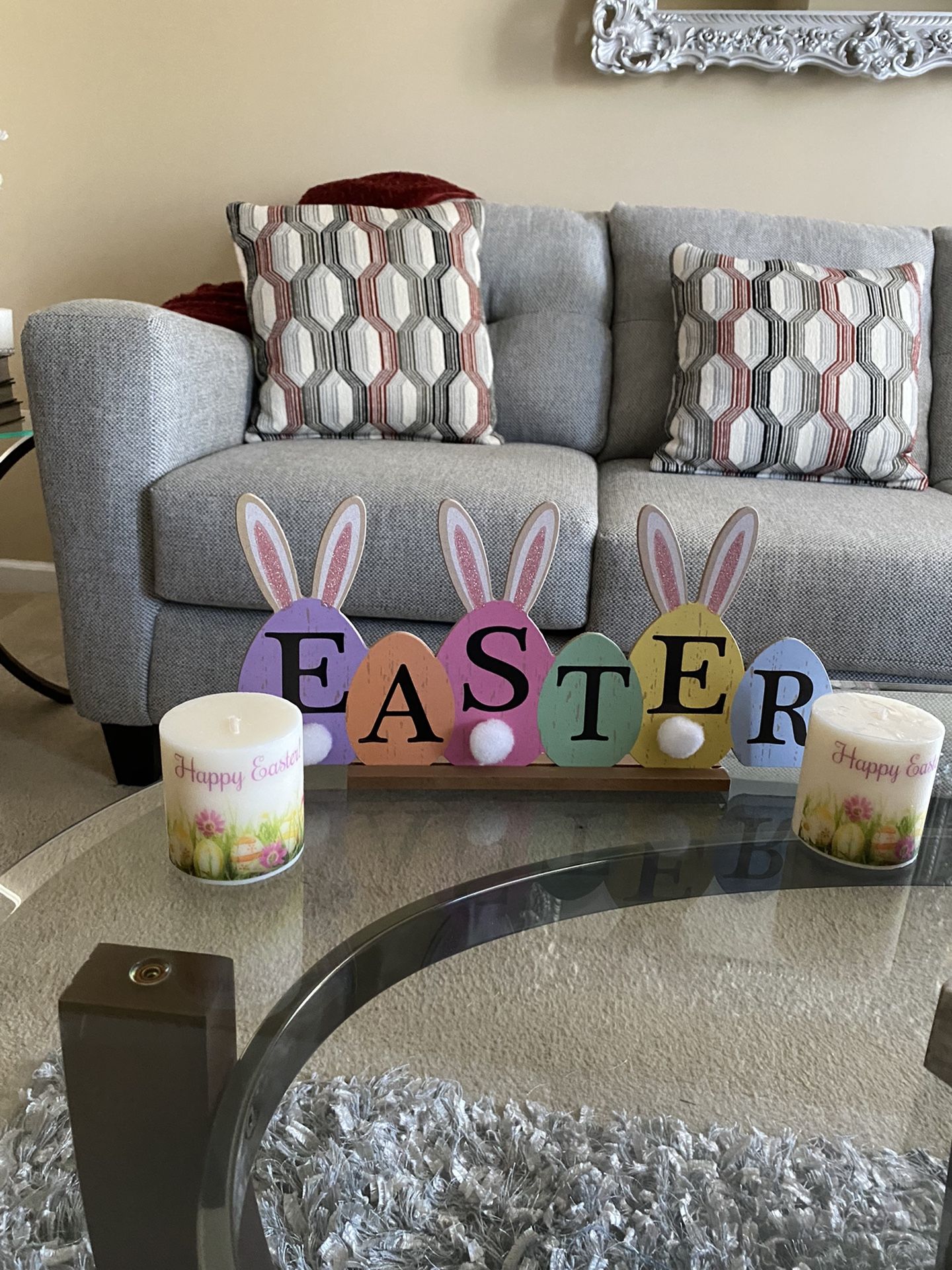 Easter Decor , two Candles and Easter Sign