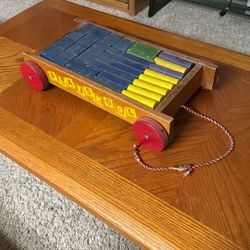 PLAYSKOOL Wooden Block Pull Along Colorol Wood Wagon Vintage 1950s