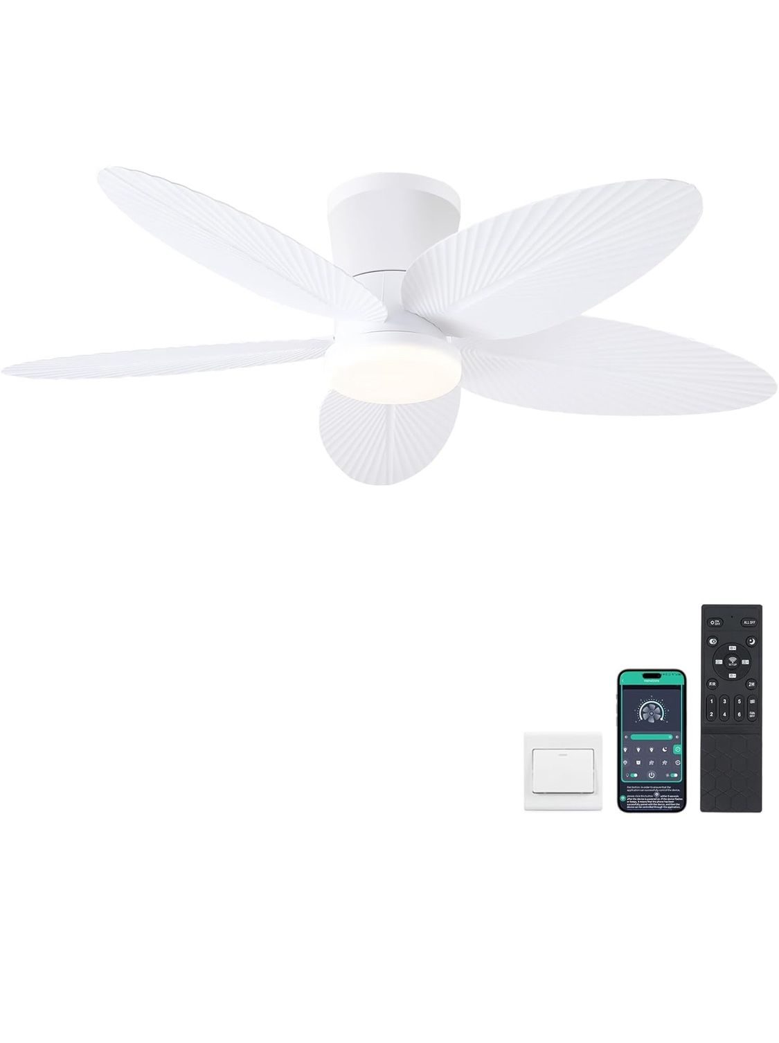Palm Leaf Ceiling Fans with Lights-42 Tropical Ceiling Fan with Light and Remote/APP Control,Flush Mount Low Profile White Ceiling Fans for Bedroom,In
