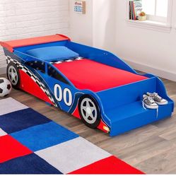 Wooden Kids Bed Racecar Toddler Bed Built-in Bench & Bed Rails Red & Blue