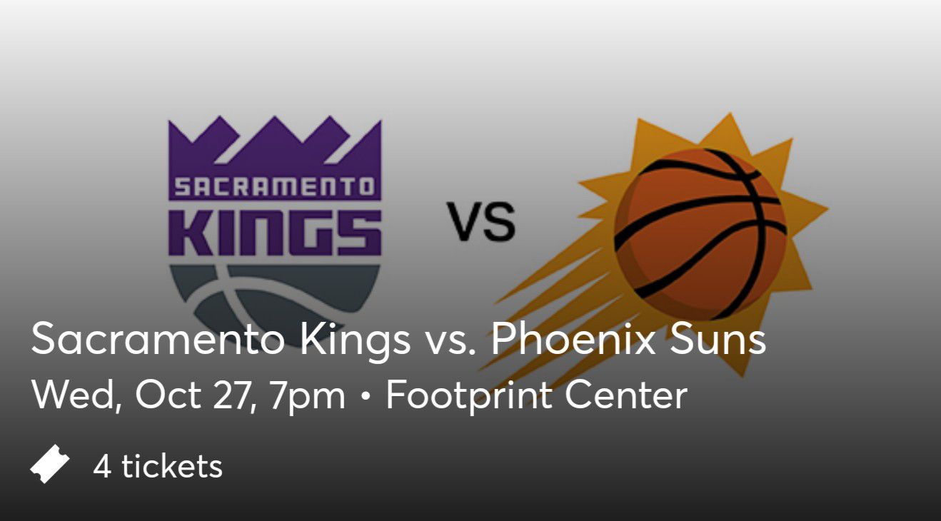 2 Tickets Left Phoenix Suns vs Sacramento Kings, Wednesday 10/27, Section 215 Row 6