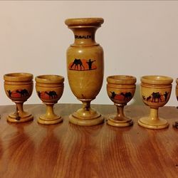 Set of decorative vintage wooden tableware from the Holy Land Jerusalem, Israel