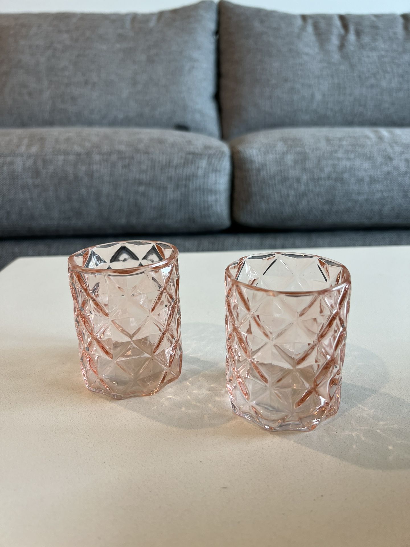 Blush pink glass candle holders 2.75” H - both for $5!