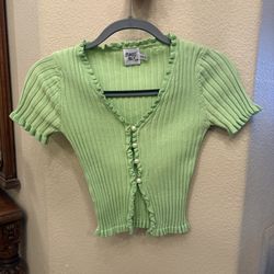 Princess Polly Zahira Lime Green Ribbed Pearl-Button Crop Top Size XS/S
