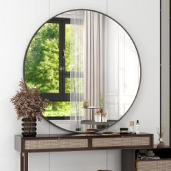 48 Inch Round Bathroom Mirror - Black Wall Mounted Circle Mirror with Metal Frame, Modern Round Hanging Mirror Suitable for Bathroom, Vanity, Entryway