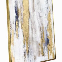 Abstract Wall Art with Gold Foil - 24 x 32 Inches Gold and Gray Canvas Print with Texture for Modern Style Decor，Framed, Ready to Hang