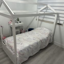 Kids House Bed Frame w/ Pull-Out Trundle – White