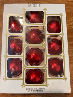 Mid-Century Noelle Glass Christmas Tree Ornaments-Box of 10 Red / Made in USA Caps-2 ¼" Diameter