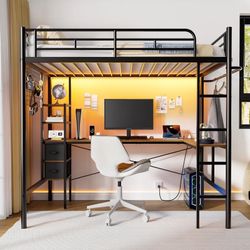 Twin Metal Loft Bed with L-Shaped Desk, Loft Bed Frame with Charging Station, Storage Bed with 2 Drawers & Open Shelf, Safety Guard & Ladder