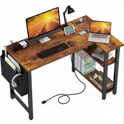 Small L Shaped Desk with Power Outlet Shelves, 40 Inch Corner Desk for Small Space 

