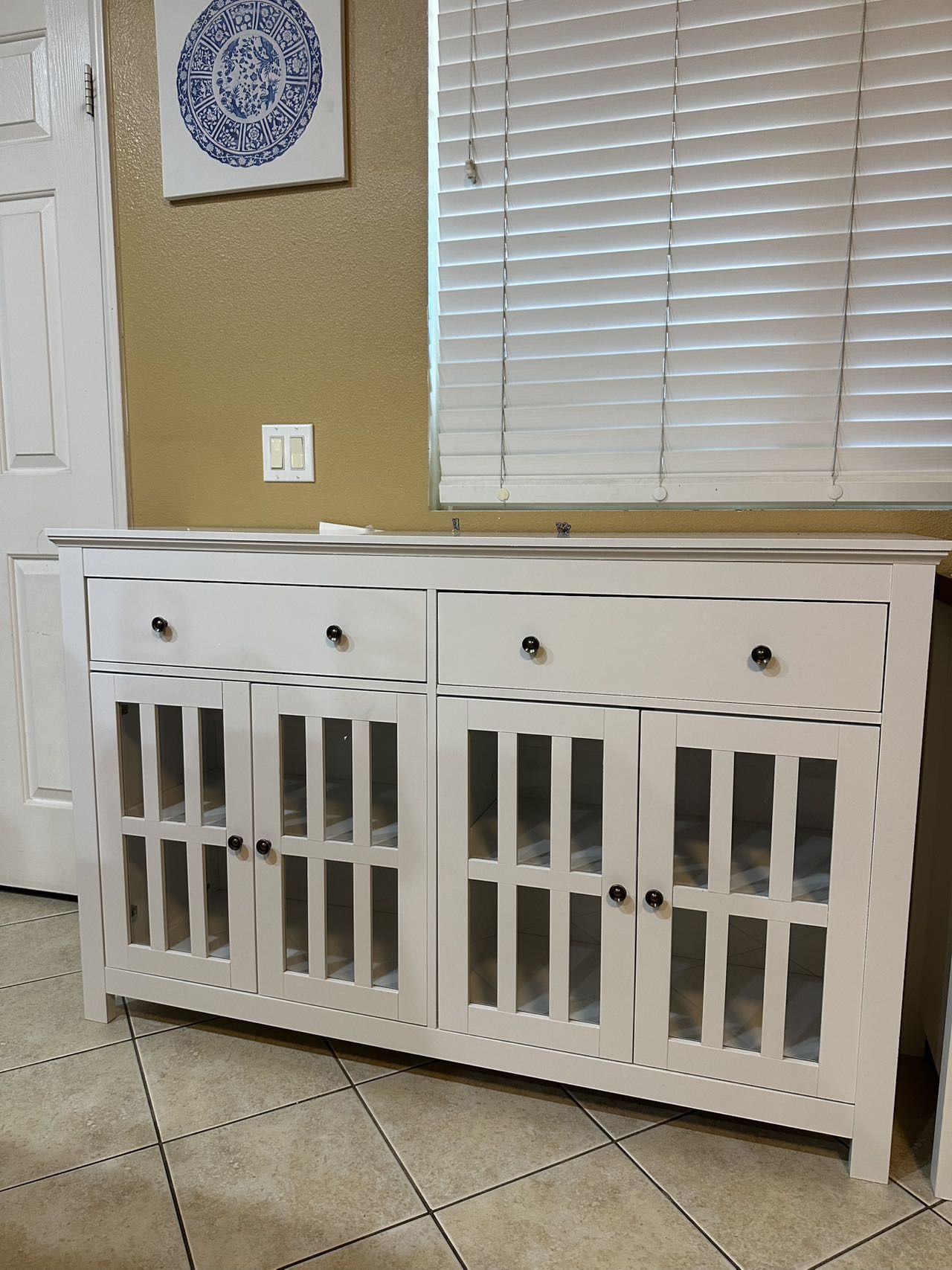 Brand New And Assembled Kitchen Buffet Sideboard, Modern Wood Storage Cabinet with 4 Glass Doors & 3 Adjustable Shelves for Dining Room, White