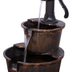 2-Tiered Barrel and Pump Water Fountain, Old-Fashioned Fountain, 27", Bronze, Outdoor Floor Rustic