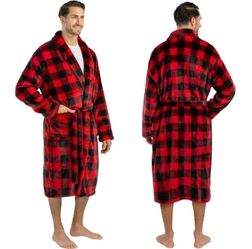 Men's Red/Black Plaid Shawl Collar Long Sleeve Robe w/ Tie Belt & Pockets