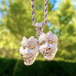 Italy 925 Sterling Silver HAPPY SAD MASK Iced 14K White Gold 5X Layered Pendant, Stainless Steel Rope Chain 16β-24β Inches Chain and Pendant Set