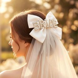 New Elegant Short White Bridal Shower Veil with Large Bow & Beaded “Bride”