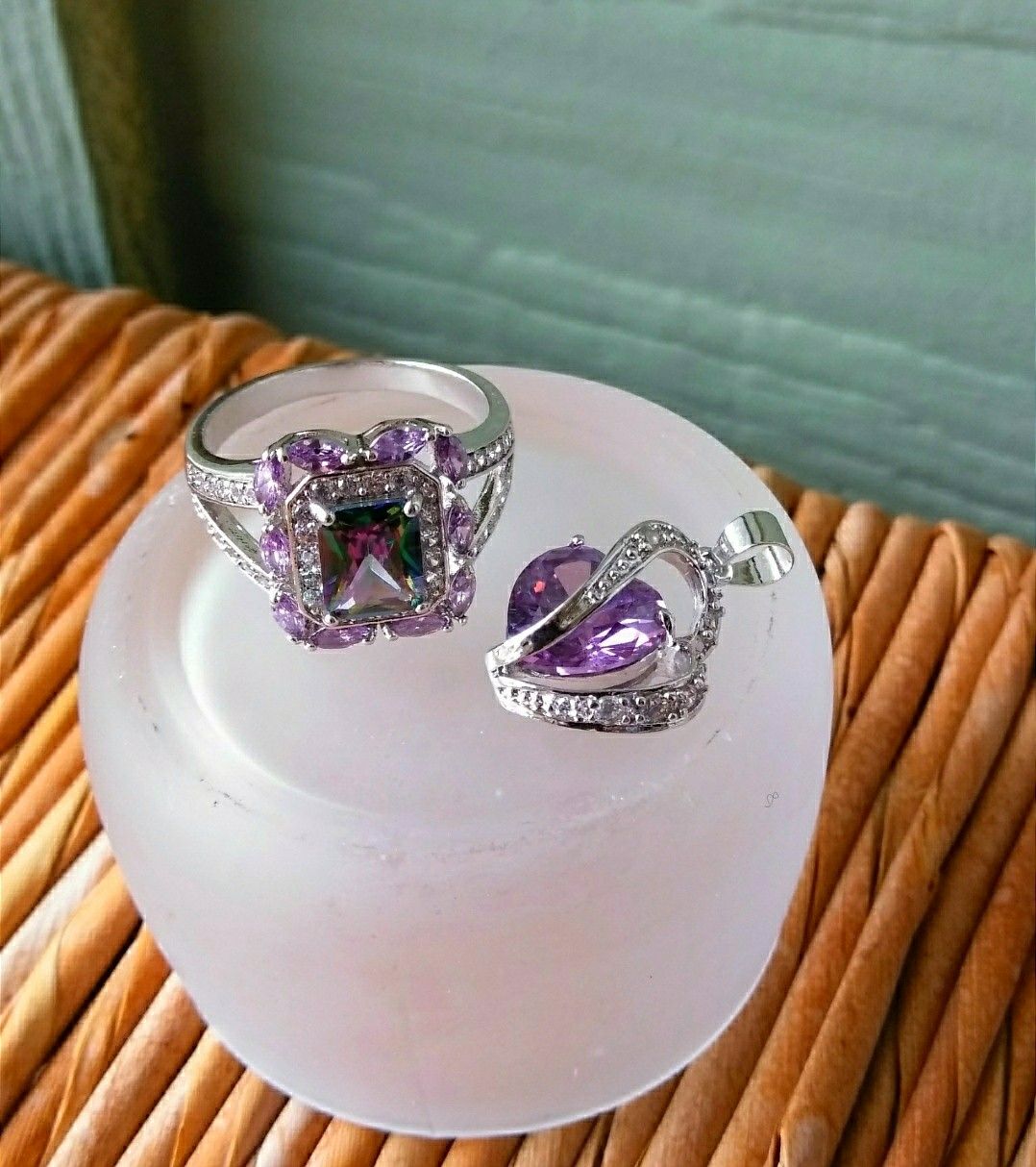 New. Gift Set: Mystic Topaz Ring and Purple Heart Necklace. Ring-Sz 9
