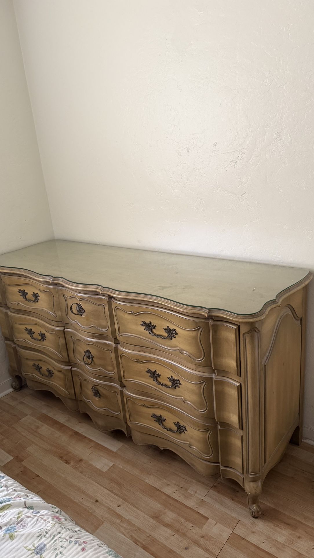 Beautiful Glass Topped Wood Dresser Set